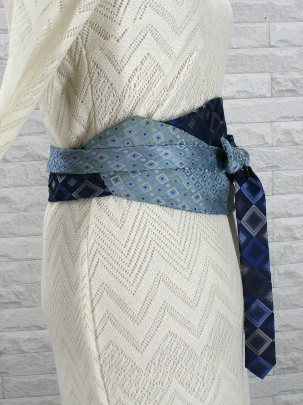 HAND CRAFTED Belt Necktie Upcycled Cummerbund Wrap Silk Wide Obi Waist Sash Blue - Picture 4 of 17